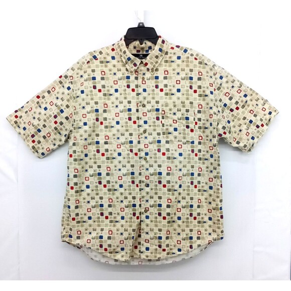 Consensus Shirt Men Size XL Beige Geometric Short Sleeve Casual Button Up Top - Picture 1 of 6